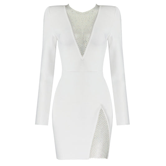 Vestido de Noche Elegante con Escote en V y Detalles de Diamantes - Image 2