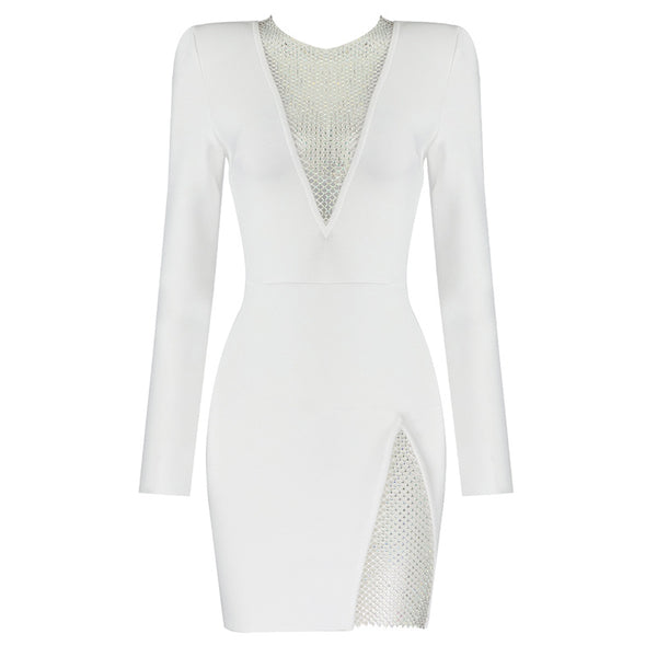 Vestido de Noche Elegante con Escote en V y Detalles de Diamantes