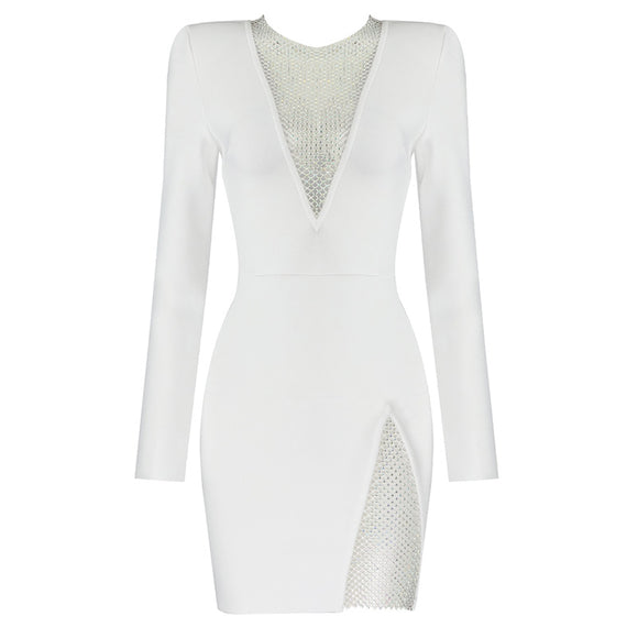Vestido de Noche Elegante con Escote en V y Detalles de Diamantes
