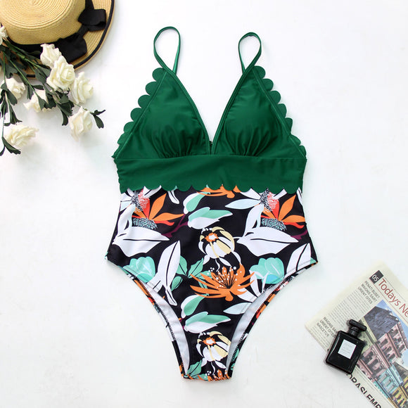 Traje de Baño Entero Tropical con Espalda Descubierta y Encaje Conservador