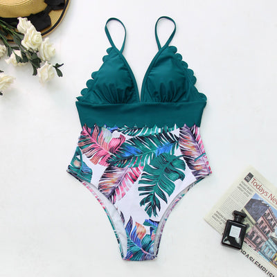 Traje de Baño Entero Tropical con Espalda Descubierta y Encaje Conservador