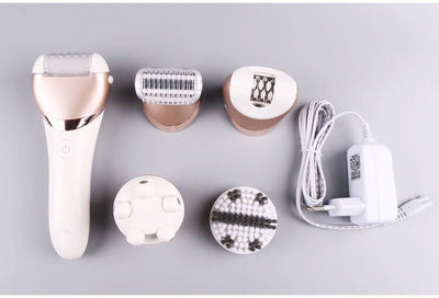 White and rose gold rechargeable epilator with a power button and an epilating head for whole body hair removal. - Image 14