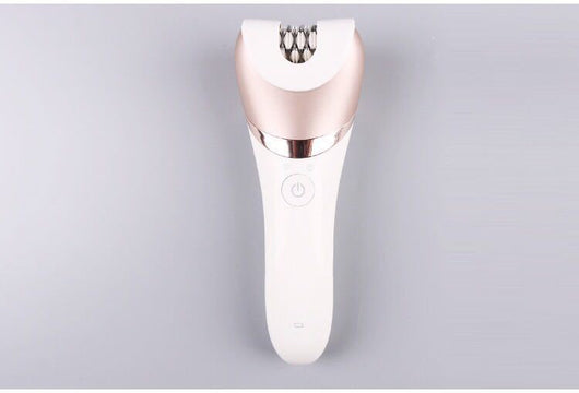 White and rose gold rechargeable epilator with a power button and an epilating head for whole body hair removal. - Image 18