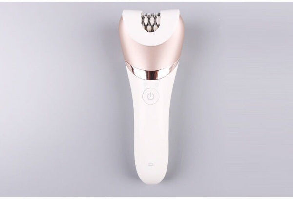 White and rose gold rechargeable epilator with a power button and an epilating head for whole body hair removal.