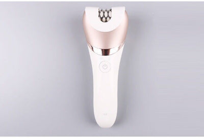 White and rose gold rechargeable epilator with a power button and an epilating head for whole body hair removal.