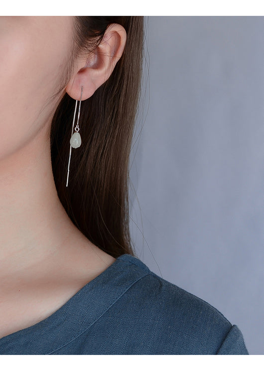 Aretes de Jade Hetian Blanco Estilo Retro Flor de Loto - Plata S925 - Image 6