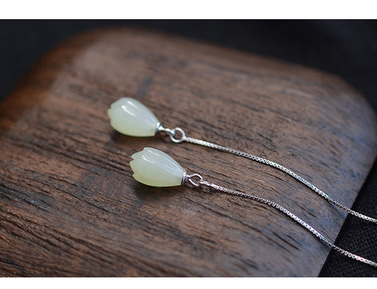 Aretes de Jade Hetian Blanco Estilo Retro Flor de Loto - Plata S925 - Image 11