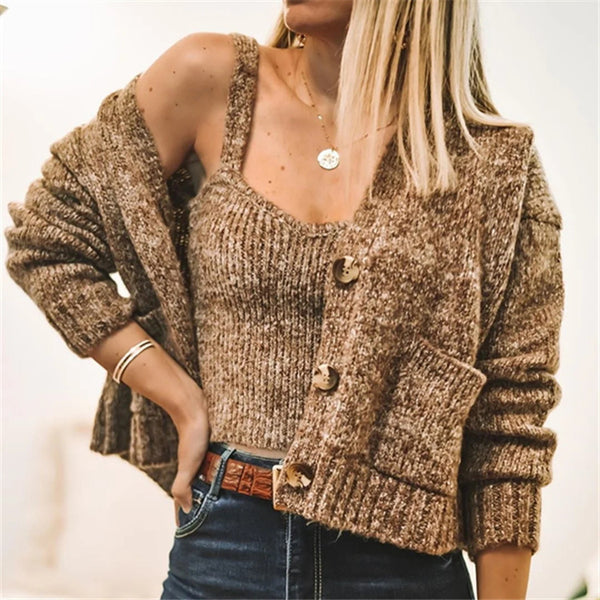 Suéter Abrigo con Botones y Cuello en V para Otoño e Invierno