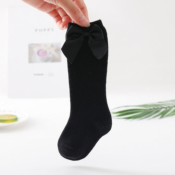 Calcetines Infantiles de Algodón Puro con Moño - Tubo Medio Blanco