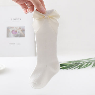 Calcetines Infantiles de Algodón Puro con Moño - Tubo Medio Blanco