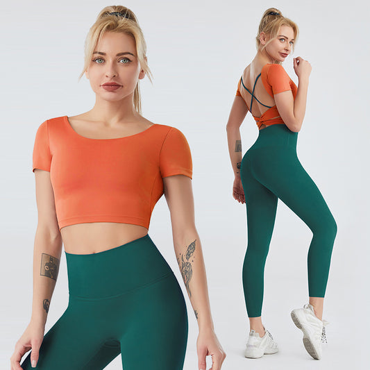 Conjunto Deportivo Mujer Yoga Top Espalda Descubierta y Leggins Cintura Alta