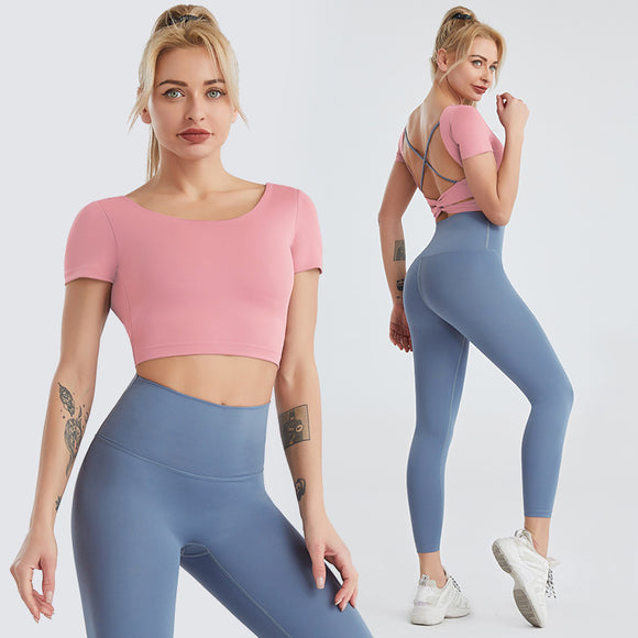 Conjunto Deportivo Mujer Yoga Top Espalda Descubierta y Leggins Cintura Alta