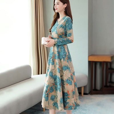 Vestido Largo Otoño con Estampado V-Neck Manga Larga Efecto Adelgazante