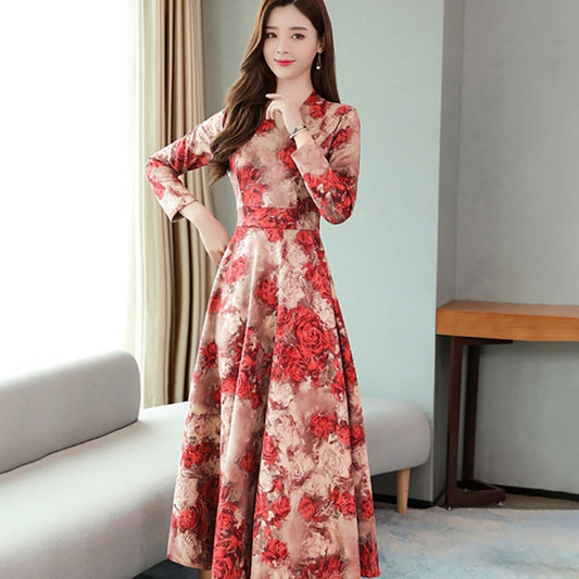 Vestido Largo Otoño con Estampado V-Neck Manga Larga Efecto Adelgazante - Image 2