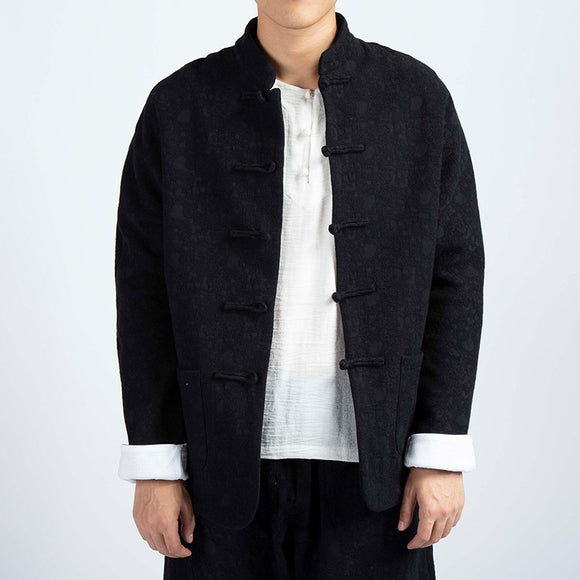 Chaqueta Tang Tradicional de Algodón y Lino con Terciopelo Grueso para Hombre