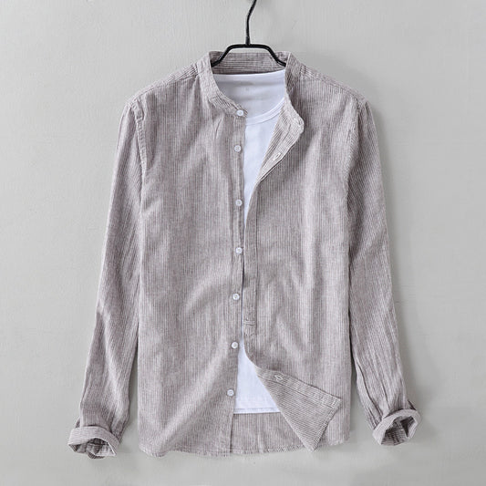 Camisa Casual de Algodón y Lino con Cuello Mao de Manga Larga