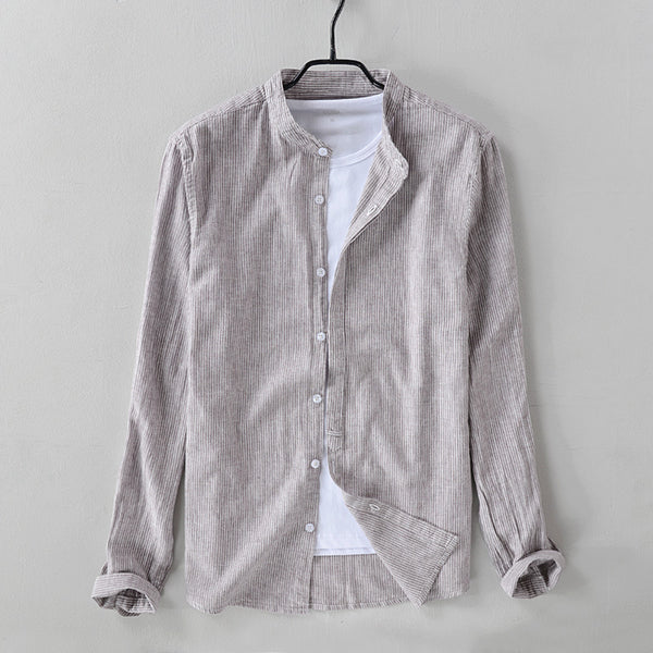 Camisa Casual de Algodón y Lino con Cuello Mao de Manga Larga