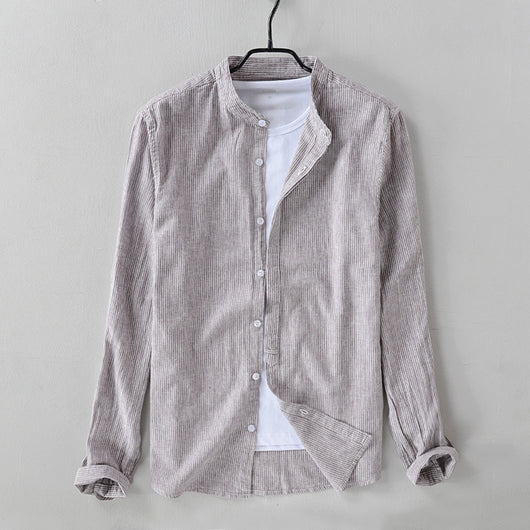 Camisa Casual de Algodón y Lino con Cuello Mao de Manga Larga