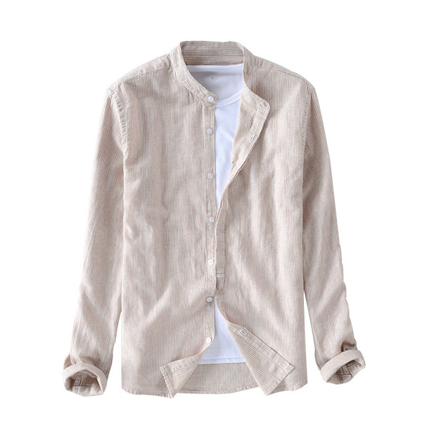 Camisa Casual de Algodón y Lino con Cuello Mao de Manga Larga