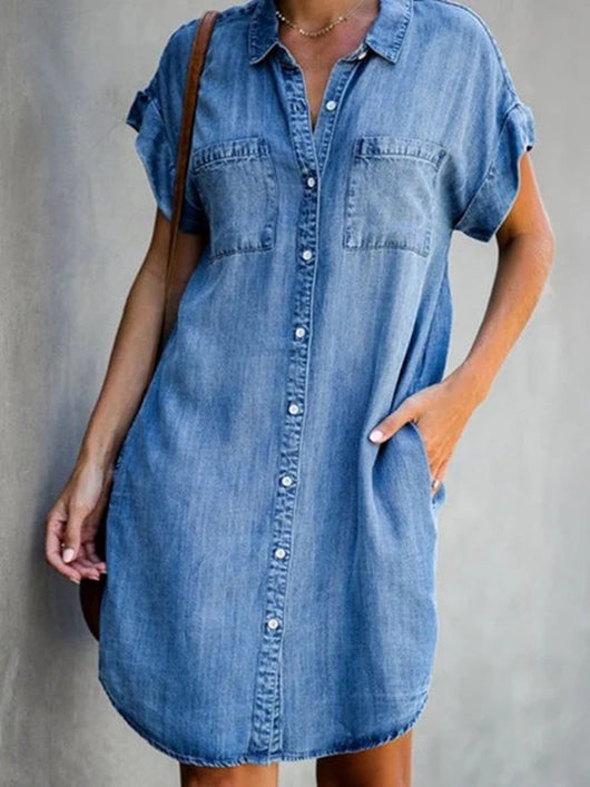 Vestido Midi Denim Ajustado de Manga Corta para Mujer - Image 4