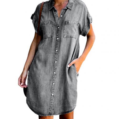 Vestido Midi Denim Ajustado de Manga Corta para Mujer