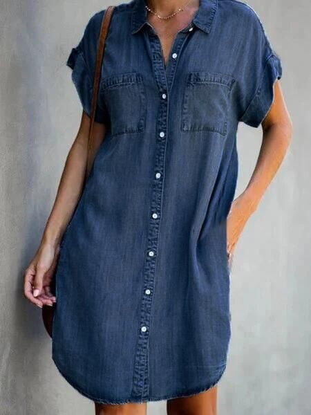 Vestido Midi Denim Ajustado de Manga Corta para Mujer