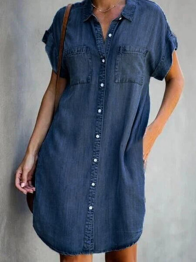 Vestido Midi Denim Ajustado de Manga Corta para Mujer