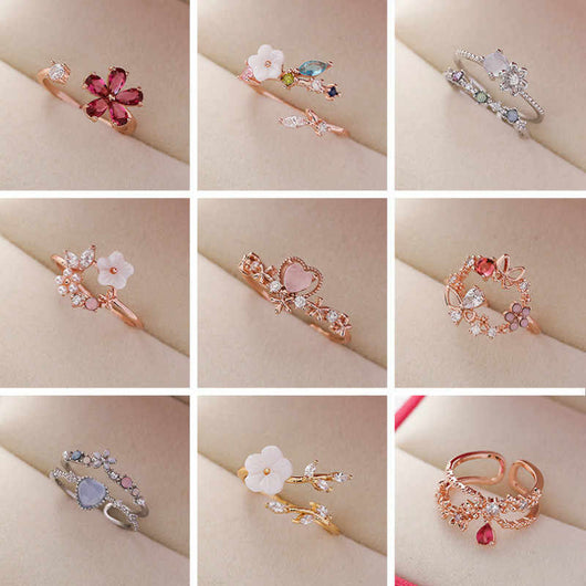 Anillo Flor de Cristal Diamante con Circonita Micro Incrustada - Diseño Abierto Ajustable