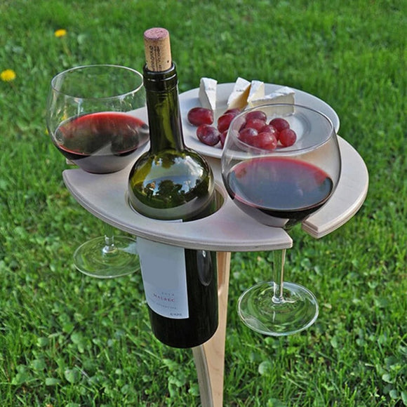 Mesa Portátil para Vino y Picnic - Tabla Redonda Plegable de Madera