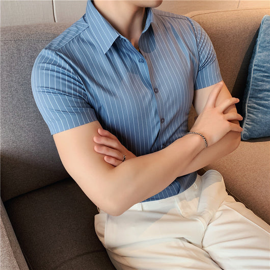 Camisa Ejecutiva de Seda Rayada - Manga Corta Ligera para Hombre