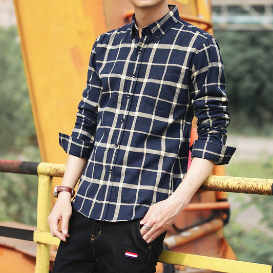Camisa Retro de Cuadros Estilo Hong Kong Manga Larga para Hombre