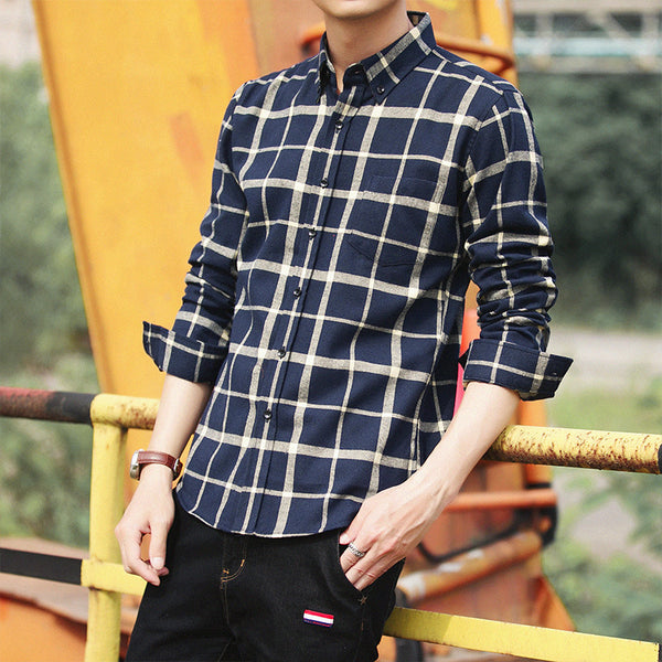 Camisa Retro de Cuadros Estilo Hong Kong Manga Larga para Hombre