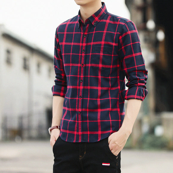 Camisa Retro de Cuadros Estilo Hong Kong Manga Larga para Hombre