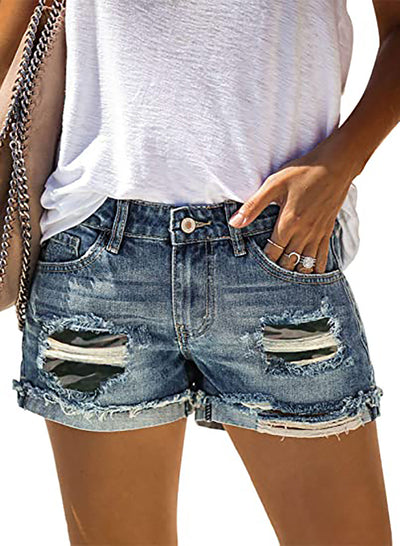 Shorts de Mezclilla Estampado Leopardo y Camuflaje Rotos para Mujer - Image 9