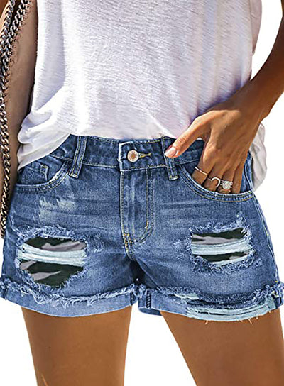 Shorts de Mezclilla Estampado Leopardo y Camuflaje Rotos para Mujer - Image 4