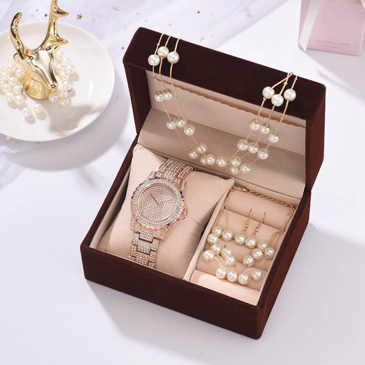 Conjunto de Joyería Elegante: Reloj de Diamantes, Pulsera de Perlas, Aretes y Collar - Image 6