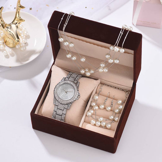 Conjunto de Joyería Elegante: Reloj de Diamantes, Pulsera de Perlas, Aretes y Collar - Image 7