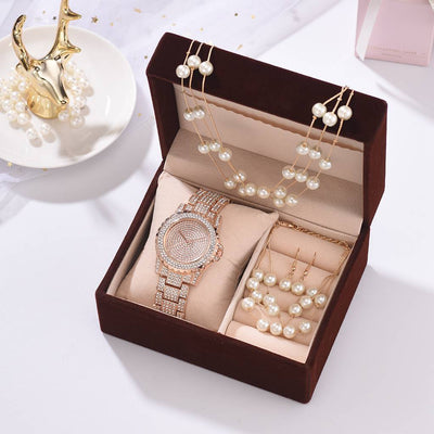 Conjunto de Joyería Elegante: Reloj de Diamantes, Pulsera de Perlas, Aretes y Collar - Image 8