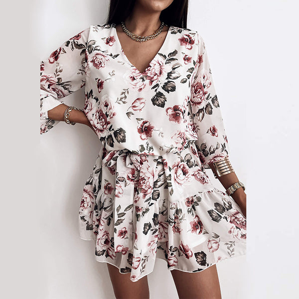 Vestido Corto Estilo Europeo Cintura Alta con Escote en V y Estampado Fresco