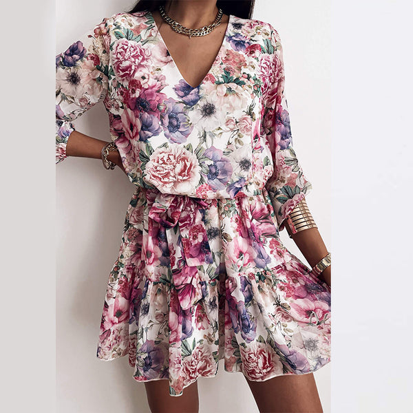 Vestido Corto Estilo Europeo Cintura Alta con Escote en V y Estampado Fresco - Image 4