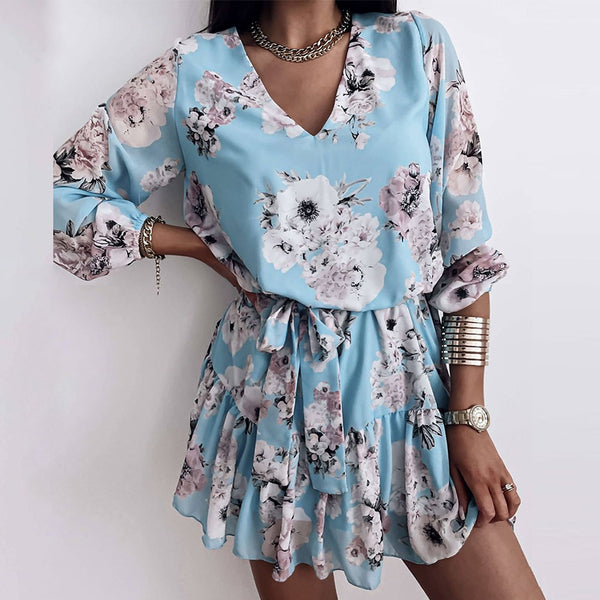 Vestido Corto Estilo Europeo Cintura Alta con Escote en V y Estampado Fresco