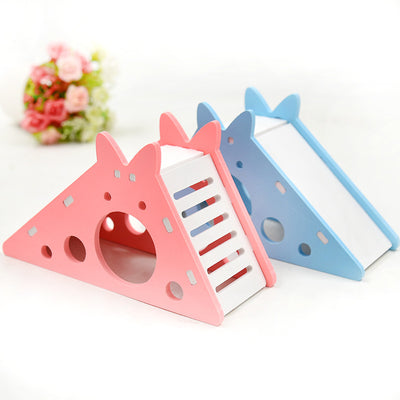 Blue and white hamster slide hut made from wood plastic board, featuring a triangular house design with a slide.
