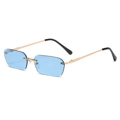 Rimless rectangular sunglasses with light blue lenses, gold-colored metal temples, and black ear tips. - Image 9