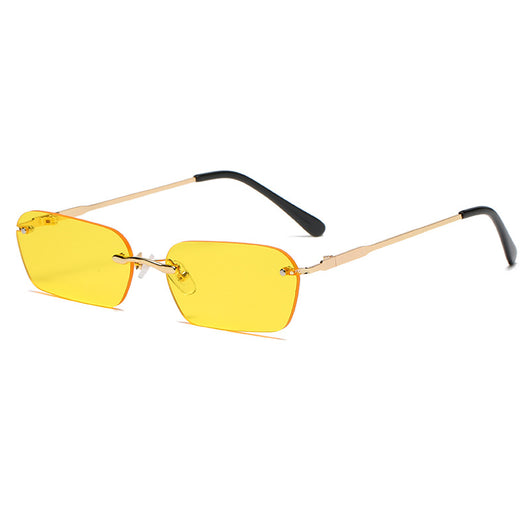 Rimless rectangular sunglasses with light blue lenses, gold-colored metal temples, and black ear tips. - Image 5
