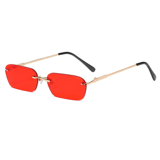 Rimless rectangular sunglasses with light blue lenses, gold-colored metal temples, and black ear tips. - Image 6