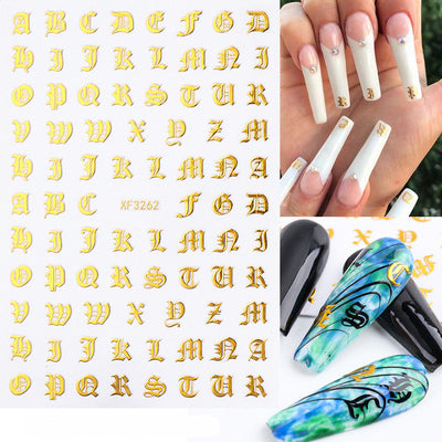 Stickers de Uñas 3D Dorados Retro con Caracteres en Inglés y Efecto Láser Plateado - Image 15