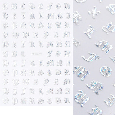 Stickers de Uñas 3D Dorados Retro con Caracteres en Inglés y Efecto Láser Plateado - Image 3