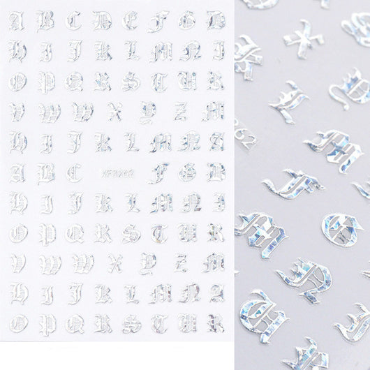 Stickers de Uñas 3D Dorados Retro con Caracteres en Inglés y Efecto Láser Plateado - Image 3