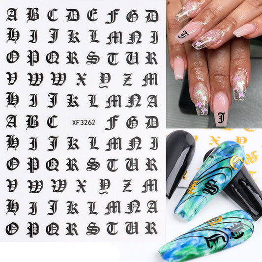 Stickers de Uñas 3D Dorados Retro con Caracteres en Inglés y Efecto Láser Plateado