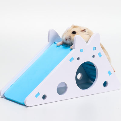 Blue and white hamster slide hut made from wood plastic board, featuring a triangular house design with a slide. - Image 6